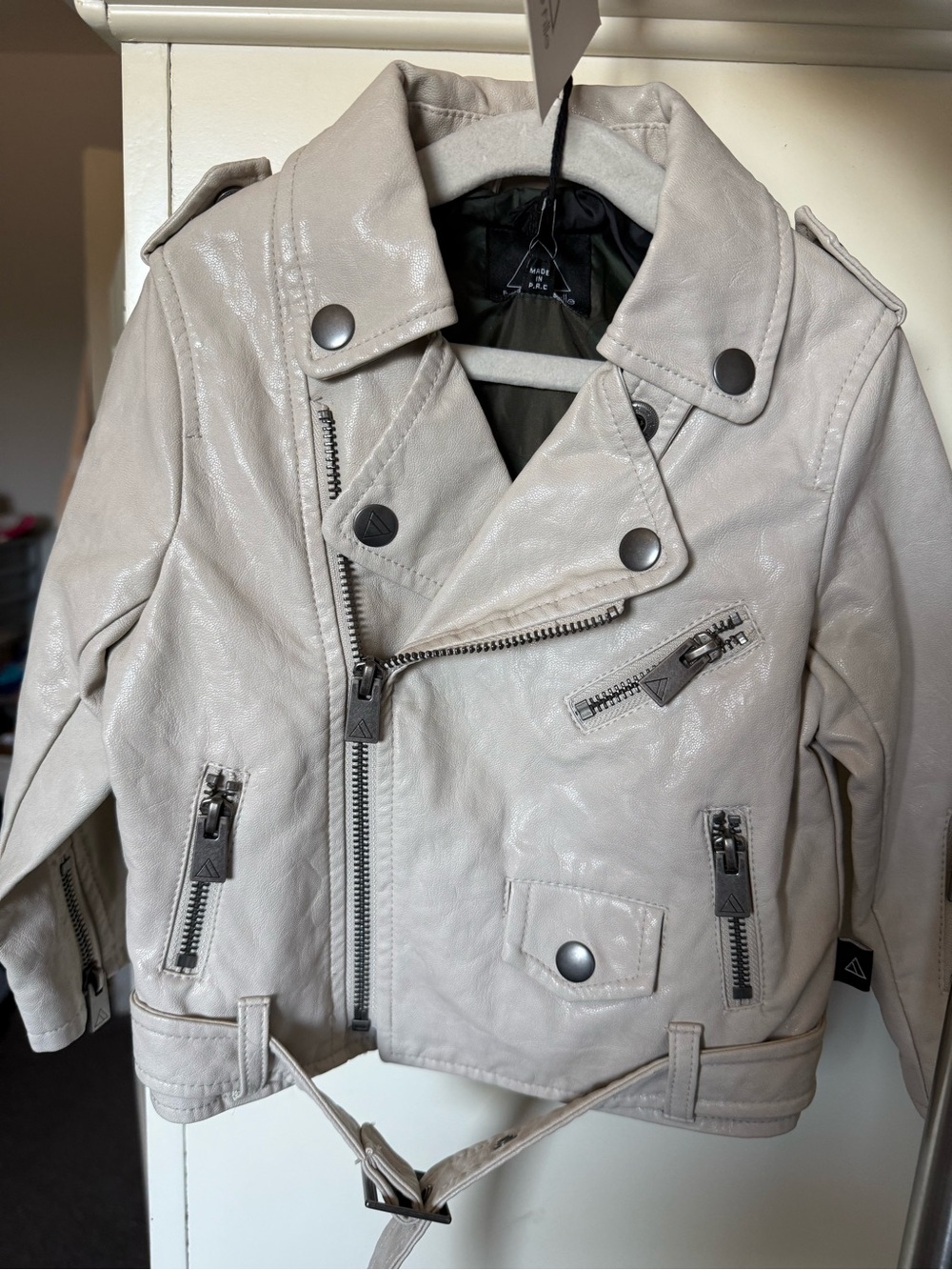 NWT 12-18m Force de Fille Kids Faux Leather Moto Jacket - Light Beige